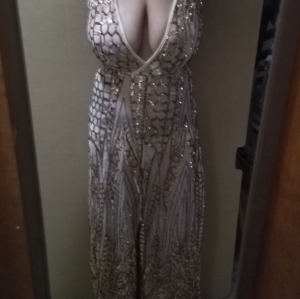 Sexy Gold Sequin and Nude Mesh, Deep V Maxi Dress